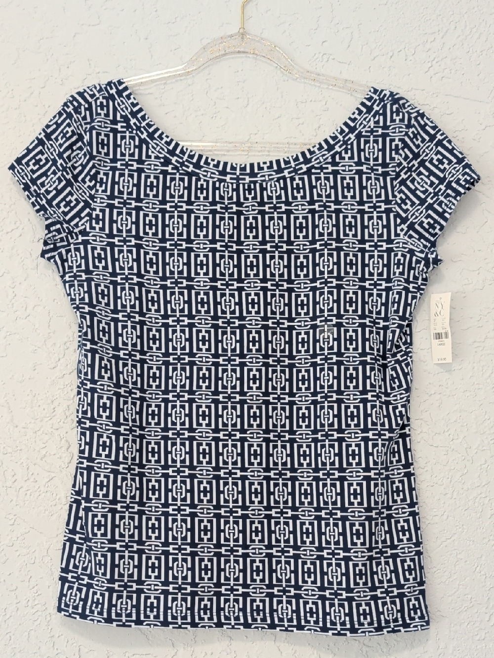 NEW New York & Company Navy and White Geometric Cap-Sleeve Top | L